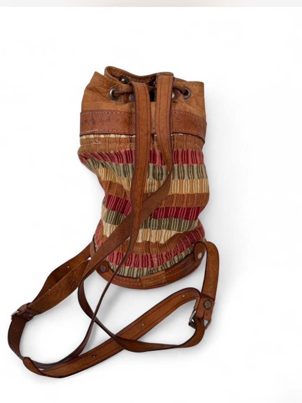 Vintage 70s Leather & Woven Tapestry Cinch Bucket Backpack - Picture 4 of 8